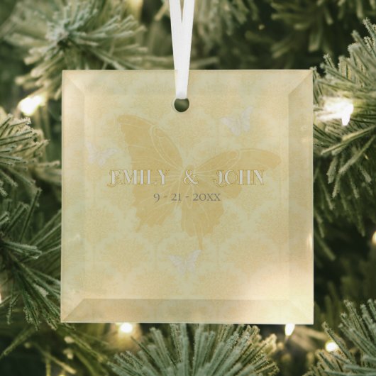Gele en Witte Landvlinders Bruiloft Glas Ornament (Insitu)