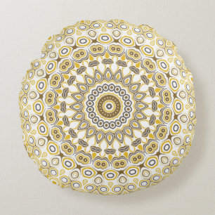 Gele en witte Mandala Kaleidoscoop Medaillon Rond Kussen