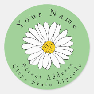Gele en witte margriet op groen adreslabel ronde sticker