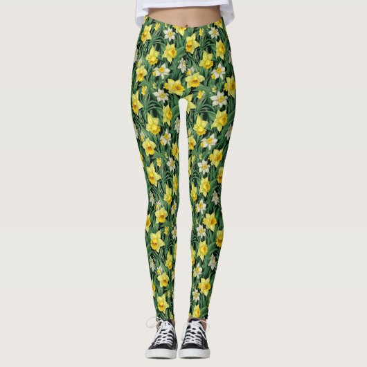Gele en witte narcis bloem naadloos leggings (Voorkant)