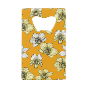 Gele en witte orchidee bloemen creditkaart flessenopener