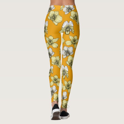 Gele en witte orchidee bloemen leggings (Achterkant)