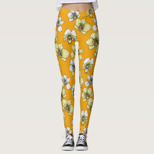 Gele en witte orchidee bloemen leggings (Voorkant)