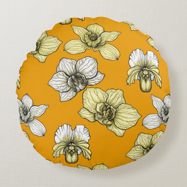 Gele en witte orchidee bloemen rond kussen (Voorkant)