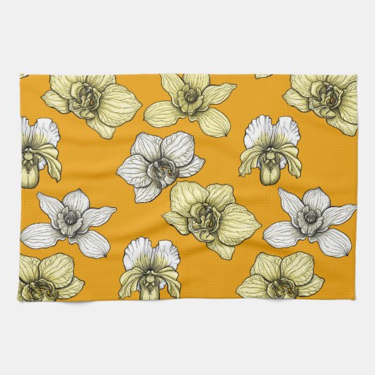 Gele en witte orchidee bloemen theedoek (Horizontaal)