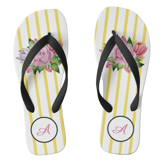 Gele en witte streep met roze rozen teenslippers (Voetbed)