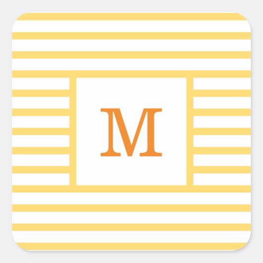 Gele en witte strepen op maat monogram vierkante sticker (Voorkant)