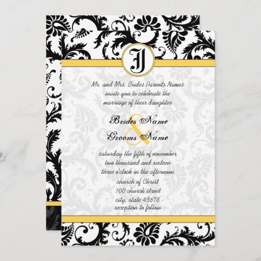 Gele en zwarte Damask zwemmen bruiloft-uitnodiging Kaart (Voorkant / Achterkant)