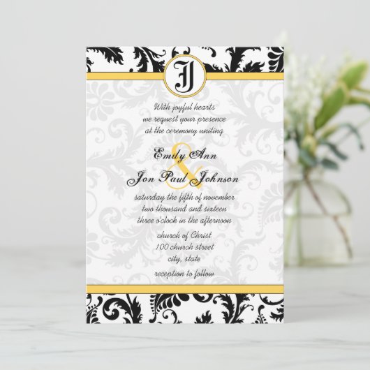 Gele en zwarte Damask zwemmen bruiloft-uitnodiging Kaart (Staand voorkant)