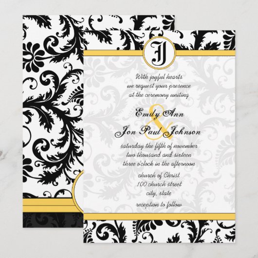Gele en zwarte Damask zwemmen bruiloft-uitnodiging Kaart (Voorkant / Achterkant)