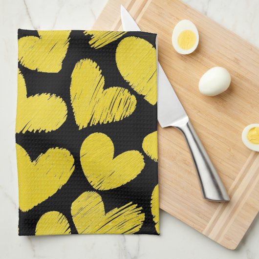 Gele en zwarte harten keukenhanddoek (Quarter Fold)