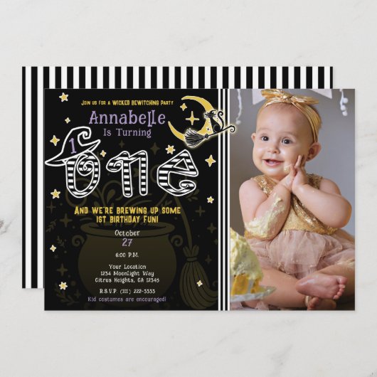 Gele en zwarte heks Halloween 1e verjaardag Kaart (Voorkant / Achterkant)