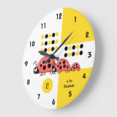 Gele en zwarte kinder ladyvogels met naam grote klok (Hoek)