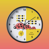 Gele en zwarte kinder ladyvogels met naam grote klok