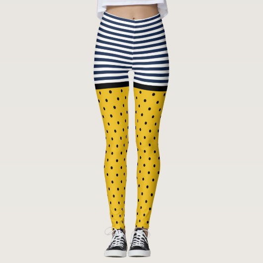 Gele en zwarte poolpunten, zwart en wit, gestreept leggings (Voorkant)