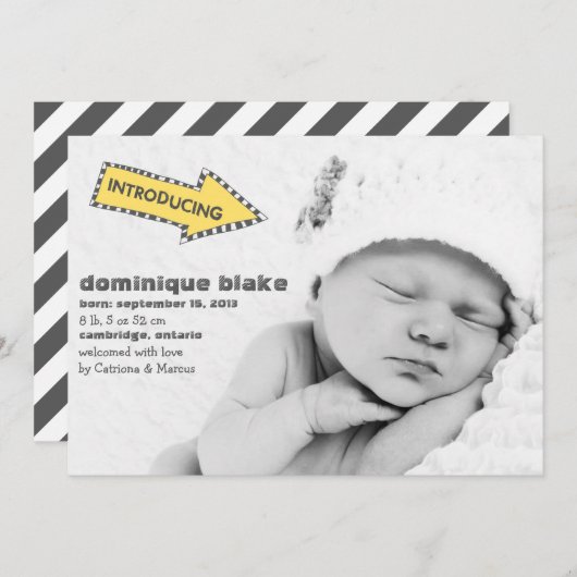 Gele en Zwarte Strepen Pijl Geboorteaankondiging Aankondiging (Voorkant / Achterkant)
