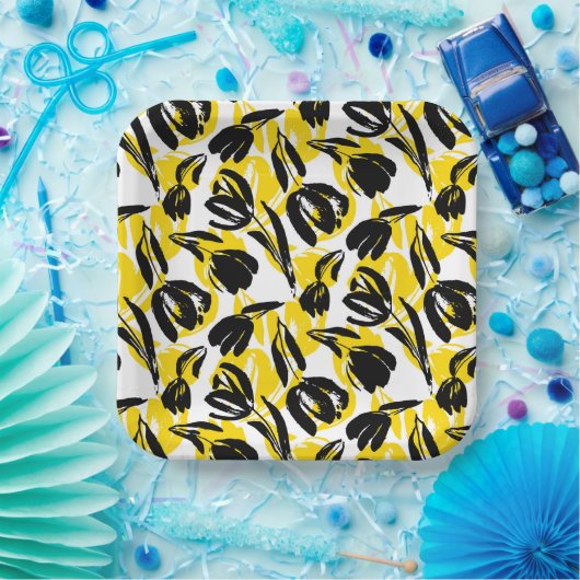 Gele en zwarte tulpen papieren bordje (Feest)