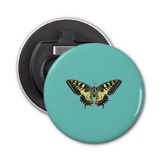 Gele en zwarte vlinder button flesopener (Voorkant)