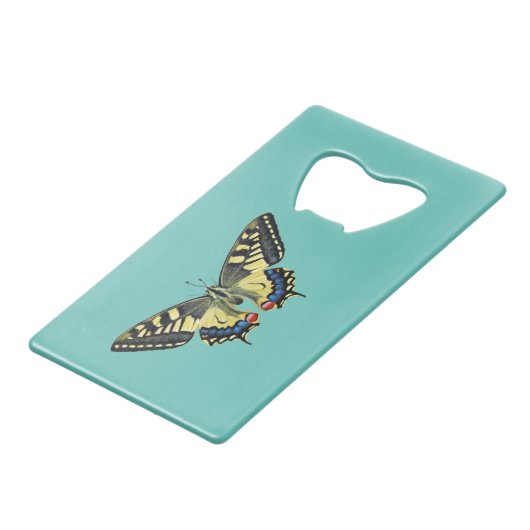 Gele en zwarte vlinder creditkaart flessenopener (Voorkant Gekanteld)