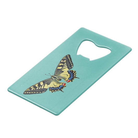 Gele en zwarte vlinder creditkaart flessenopener (Achterkant Gekanteld)