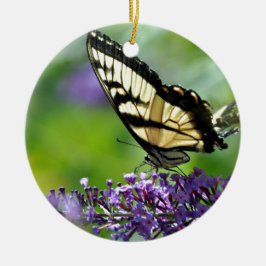 Gele en Zwarte Vlinder op Lavendel Keramisch Ornament