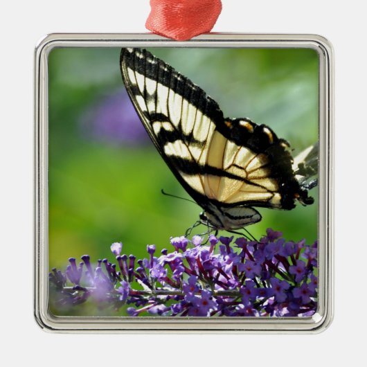 Gele en zwarte vlinder op lavender metalen ornament (Voorkant)
