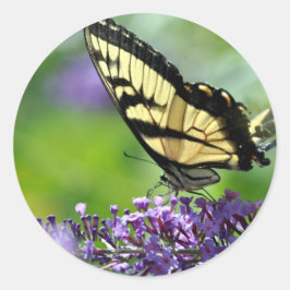 Gele en zwarte vlinder op lavender ronde sticker