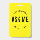 Gele en zwarte vraag me vrijwilliger badge (Achterkant)