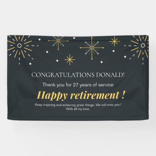 Gele en zwarte vuurwerkvonken met pensioen spandoek (Horizontaal)