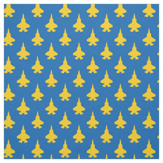 Gele F-35 Lightning Fighter Jet Pattern op Blauw Stof (Swatch)