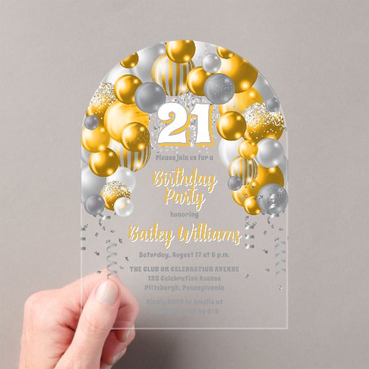 Gele feestballonnen 21ste verjaardagsfeest acryl uitnodigingen (Insitu (Draagbaar))