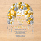 Gele feestballonnen 21ste verjaardagsfeest acryl uitnodigingen (Voorkant)
