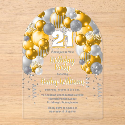 Gele feestballonnen 21ste verjaardagsfeest acryl uitnodigingen (Voorkant)