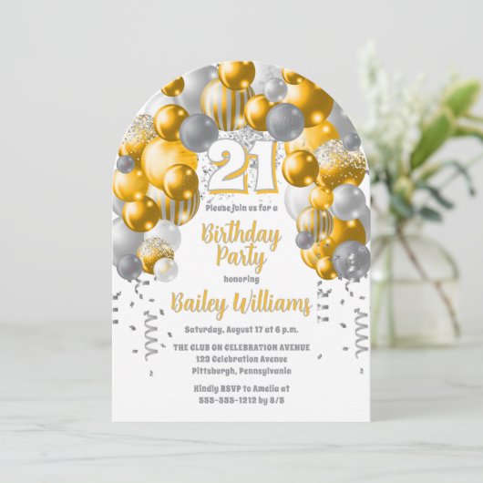 Gele feestballonnen 21ste verjaardagsfeest kaart (Staand voorkant)