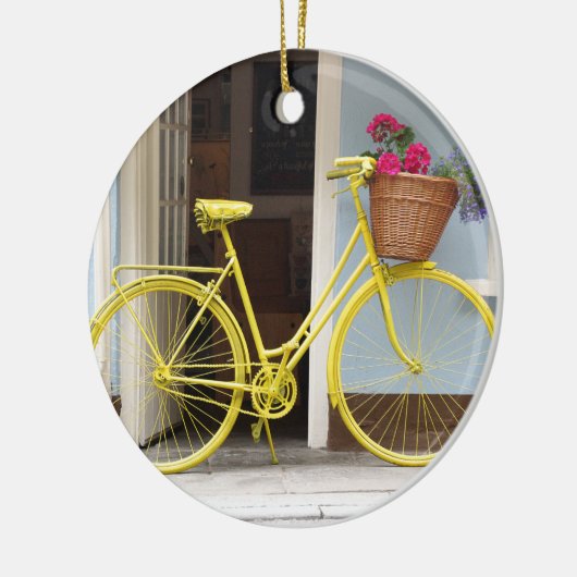  gele fiets en bloemmandje keramisch ornament (Links)