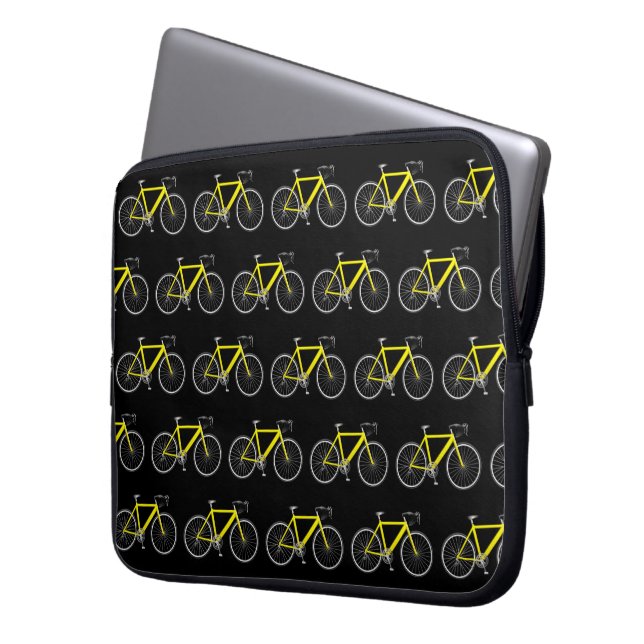Gele Fiets Op Zwart Laptop Sleeve (Voorkant Links)