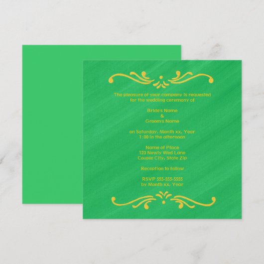 Gele Fleur De Lis Grens op Groene Huwelijksuitnodi Kaart (Voorkant / Achterkant)
