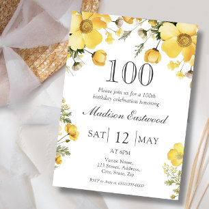 Gele Floral 100th Birthday Uitnodiging