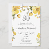Gele Floral 80th Birthday Uitnodiging (Voorkant)