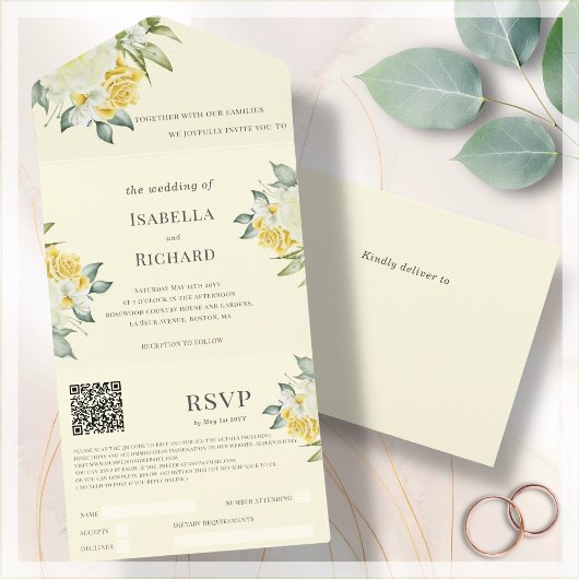 Gele Floral | Bindende QR-code RSVP All In One Uitnodiging