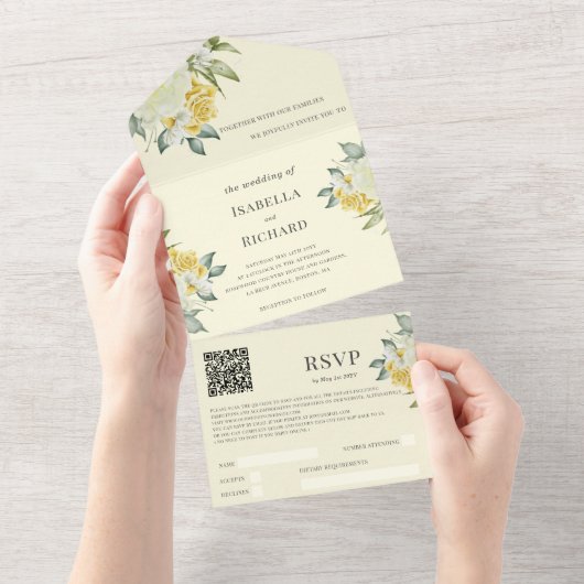 Gele Floral | Bindende QR-code RSVP All In One Uitnodiging (Afscheurbaar)