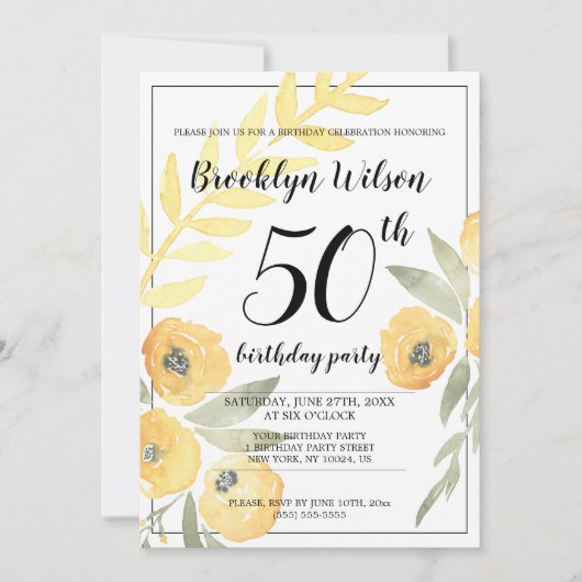 Gele Floral Birthday Party nodigt uit Kaart (Voorkant)