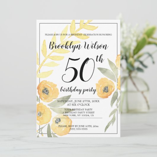 Gele Floral Birthday Party nodigt uit Kaart (Staand voorkant)