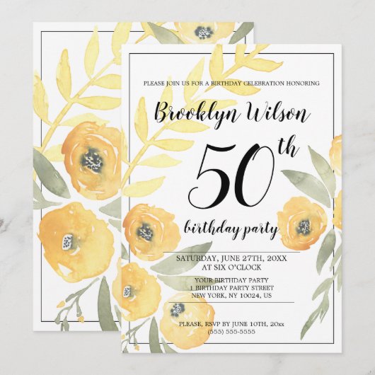 Gele Floral Birthday Party nodigt uit Kaart (Voorkant / Achterkant)