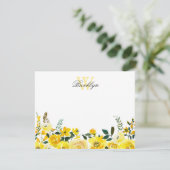 Gele Floral Botanische Monogrammed Note Kaart (Staand voorkant)