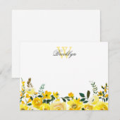 Gele Floral Botanische Monogrammed Note Kaart (Voorkant / Achterkant)