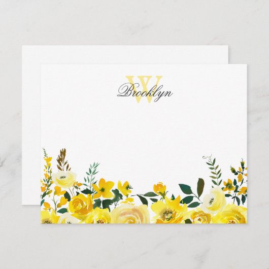 Gele Floral Botanische Monogrammed Note Kaart (Voorkant / Achterkant)