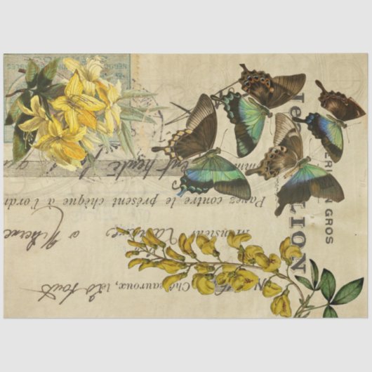 Gele Floral Butterflies Ephemera ontleedblad Tissuepapier (Voorkant)