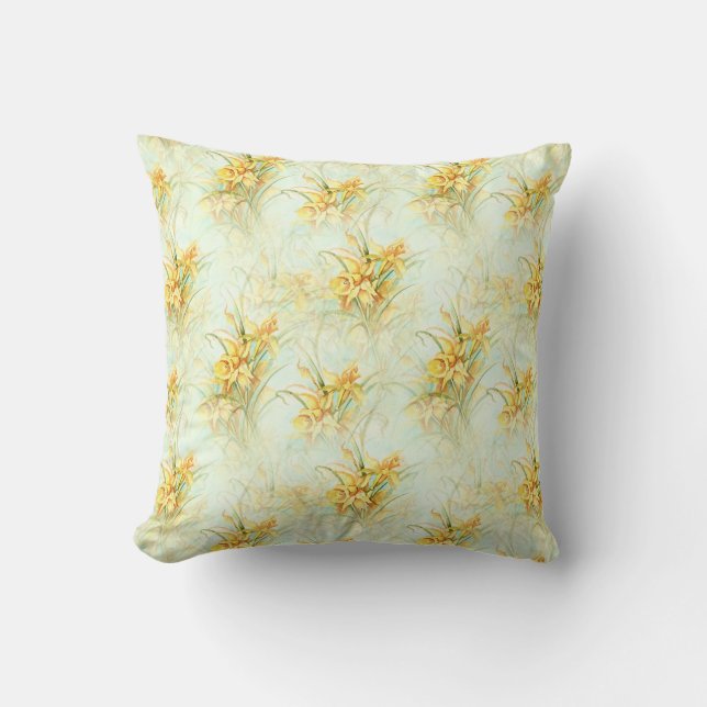 Gele Floral Daffodil Waterverf Kussen (Voorkant)