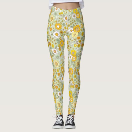 Gele Floral Garden Pattern Leggings (Voorkant)